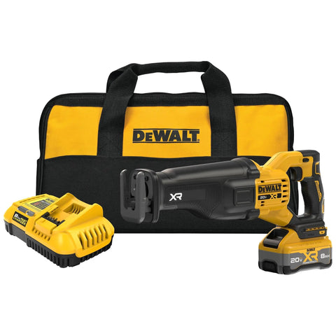 20V Max XR Cordless Reciprocating Saw Kit with battery, charger, and carrying case, featuring brushless motor for heavy duty use