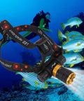 Lit 5000LM LED Rechargeable Headlamp For Scuba Diving With 5 Lighting Modes IPX8 Waterproof shown underwater with fish