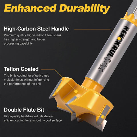 Close-up of heavy duty 1-5/16 inch Forstner bits with hex shank and tungsten carbide triple flute, showcasing enhanced durability.