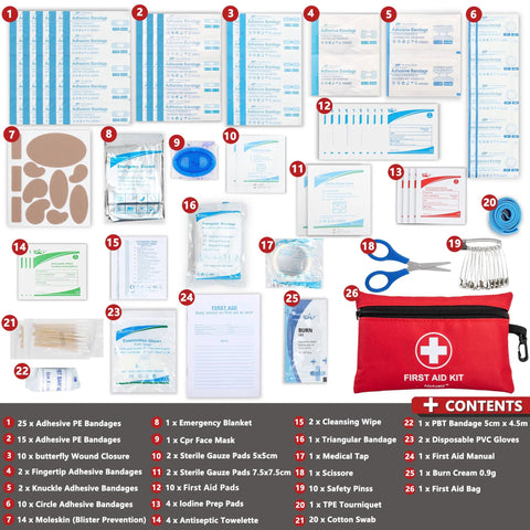 Front view of Atickyaid mini first aid kit with red zip pouch and 140-piece medical supplies for car, home, travel.