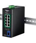 Heavy Duty Industrial PoE Plus Plus Switch With Eight Two Point Five G PoE Ports And One Ten G SFP Port mounted on DIN rail