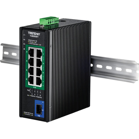 Heavy Duty Industrial PoE Plus Plus Switch With Eight Two Point Five G PoE Ports And One Ten G SFP Port mounted on DIN rail