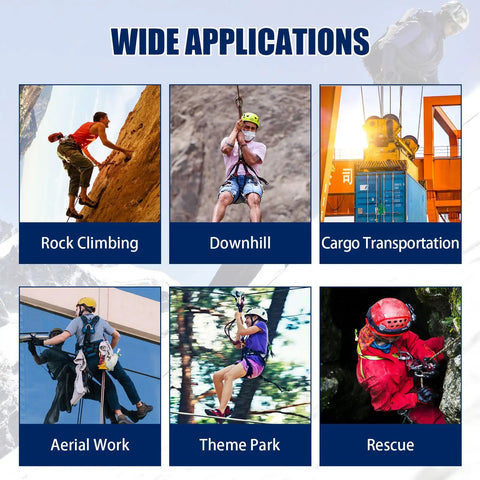 Collage showing applications of Dual Tandem Zip Line Pulley For 8 To 13mm Rope in rock climbing, downhill, cargo, aerial work, parks, rescue