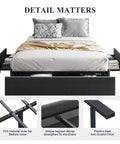 Full Size Platform Storage Bed Frame With Three Smooth Rolling Drawer Pulls Upholstered In Dark Grey Linen Fabric Over Heavy Duty Metal Supports