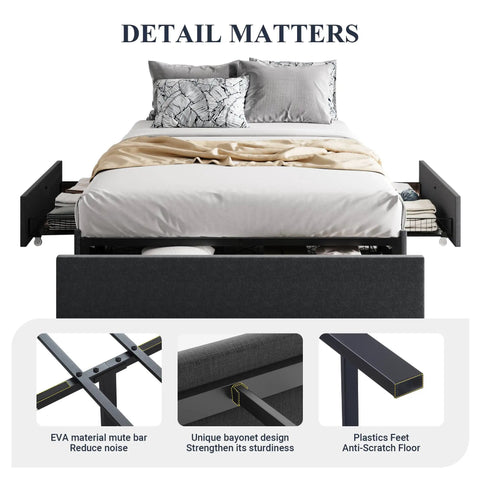 Full Size Platform Storage Bed Frame With Three Smooth Rolling Drawer Pulls Upholstered In Dark Grey Linen Fabric Over Heavy Duty Metal Supports