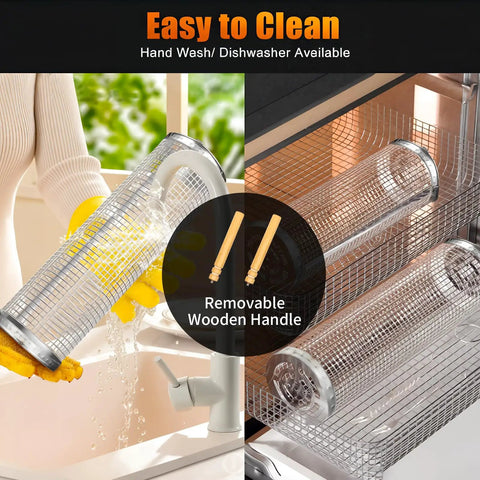 Cleaning Outdoor Grill Baskets Set 2 Pack Stainless Steel Grillin Baskets with Wooden Handles in sink and dishwasher