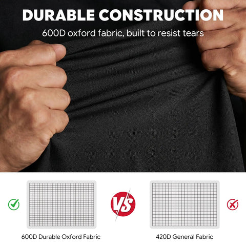 Close-up of 600D fabric from 36 Inch Outdoor Prep Table Cover For Grill Island Setup And Kitchen Island All Weather Waterproof 600D Cart Cover With Roll Up Zippered Door Fits Outdoor Storage Cabinets Black, showing durability.