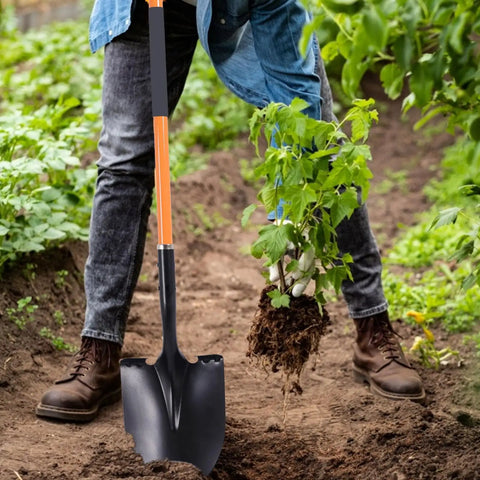 Heavy Duty Garden Shovel With 58 Inch Long Handle Round Point Steel Blade And Powder Coated Finish Orange Fiberglass Handle
