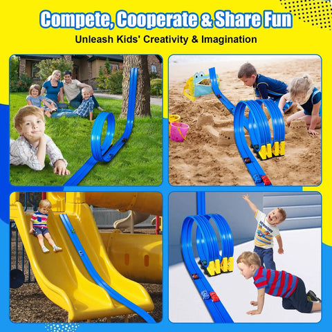 Children playing on Flexible 15 Ft Race Track For Kids 3 Plus Fun Dual Lane Rolls Up Portable Car Track Compatible With Hot Wheels And Diecast One Sixty Fourth Cars Suction Cup Base Easy Storage Blue outdoors and indoors.