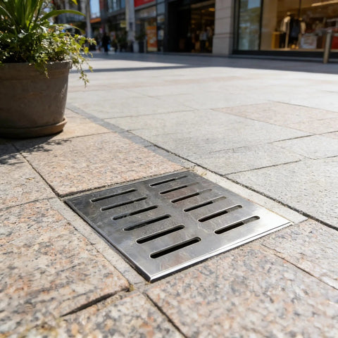 Heavy Duty Square Trench Drain Built Like A Tank With Quick Water Flow For Worry Free Landscaping On Decks Patios Yards And High Traffic Parking Areas on paved walkway.