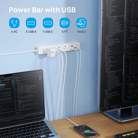 Ultra Thin Surge Protector Power Strip With USB A And USB C Flat Plug 6ft Cord Four AC Outlets 1440J Surge Protection in use