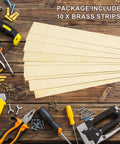Ten brass strips with tools and fasteners, part of a twenty piece brass strip set with shim stock assortment, 1 inch by 12 inches.
