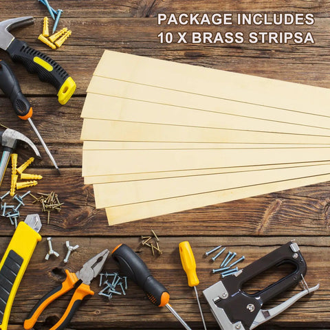 Ten brass strips with tools and fasteners, part of a twenty piece brass strip set with shim stock assortment, 1 inch by 12 inches.