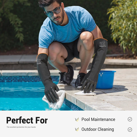 Man cleaning pool with Heavy Duty Chemical Resistant Latex Gloves 18 Inch Waterproof Puncture Resistant For Industrial Cleaning