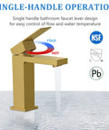 Brushed Gold Bathroom Faucet For One Hole Sink Go-To Brass Vanity Faucet With Pop-Up Drain, single handle showing water flow control