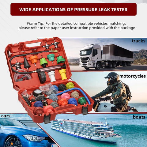 Front view of HZAUTOS 31-piece coolant vacuum refill kit in a red case with 23 radiator adapters and pressure tester.