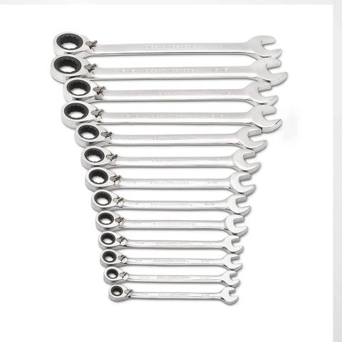 Beefy Thirteen Piece SAE Reversible Ratcheting Wrench Set With 12 Point Box Ends, Off Corner Loading for superior grip, chrome finish