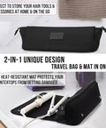 Travel Hair Tools Bag With Heat Resistant Mat 2 In 1 Organizer For Flat Irons Curling Irons And Straighteners 15.5 Inch Long Interior Pockets On The Go Portable Case For Hair Care Accessories Black shown opened with styling tools