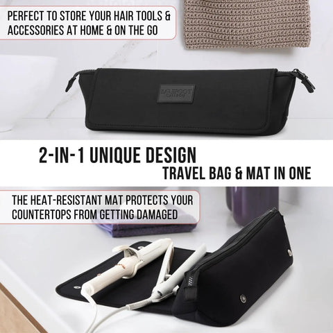Travel Hair Tools Bag With Heat Resistant Mat 2 In 1 Organizer For Flat Irons Curling Irons And Straighteners 15.5 Inch Long Interior Pockets On The Go Portable Case For Hair Care Accessories Black shown opened with styling tools