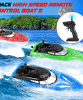 3 Pack High Speed RC Boats For Kids And Adults racing on lake with blue, green, red models, 2.4G remote control visible
