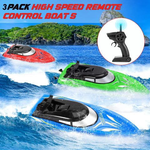 3 Pack High Speed RC Boats For Kids And Adults racing on lake with blue, green, red models, 2.4G remote control visible