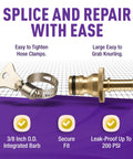 Easy Connect Garden Hose Repair Kit With Barbs And Integrated Male Quick Connector, Includes Hose Clamps, Perfect For Splicing Damaged Hoses Or Joining Hoses With Quick Connect Fittings, featuring metal barb and clamp detail.