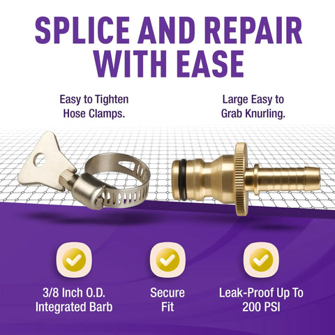 Easy Connect Garden Hose Repair Kit With Barbs And Integrated Male Quick Connector, Includes Hose Clamps, Perfect For Splicing Damaged Hoses Or Joining Hoses With Quick Connect Fittings, featuring metal barb and clamp detail.