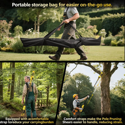 Person carrying a portable storage bag with Two-In-One Electric Pole Pruning Shears With Detachable Handheld Cutter No Tools Needed