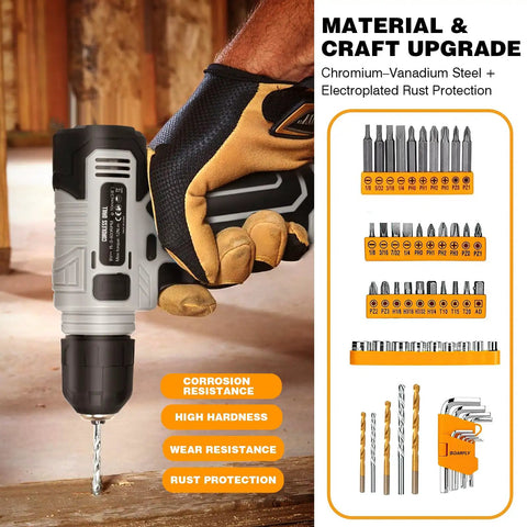 Upgradd 180 Piece Tool Set With 8V Cordless Drill Lightweight Home Repair Kit showing drill, bits, and tool details during use