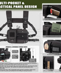 2-In-1 Convertible Chest Pack And Hydration Backpack With 2.5L Water Bladder, MOLLE design, multi-pocket layout, black color