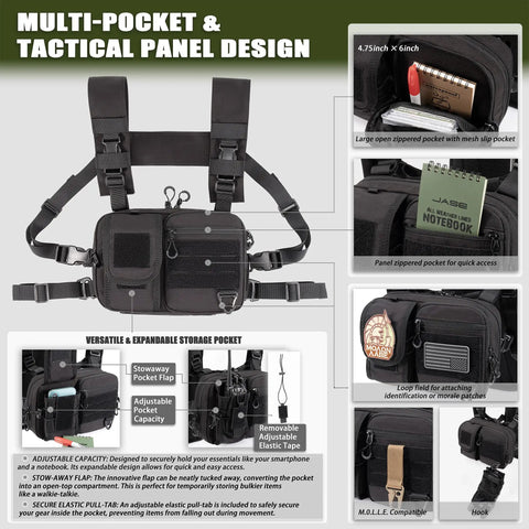 2-In-1 Convertible Chest Pack And Hydration Backpack With 2.5L Water Bladder, MOLLE design, multi-pocket layout, black color