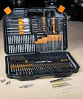 Knockout HSS Drill Bit Set Featuring Corrosion Resistant Coating That Powers Through Hardwood And Aluminum Without Skipping Comes Boxed In A Sturdy Organizer Tote For Quick Grabbing, displaying various drill bits and accessories.