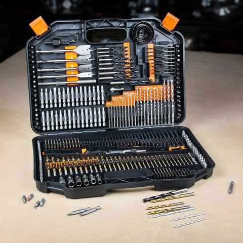 Heavy Workhorse High Speed Steel Drill Bit Set With Durable Storage Container For Fast Wood And Metal Drilling Plus No Sweat Cutting And Polishing Gear For Crews in a hard case, showing various drill bits.