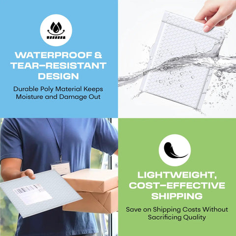 White Small Poly Bubble Mailers 6x10 Inch Self Seal Padded Envelopes Waterproof Lightweight Usable 6x9 Inches being used