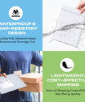 Image showing the features of White 6x10 Inch Poly Bubble Mailers With Easy Seal Padded Envelopes, highlighting waterproof design and lightweight use.