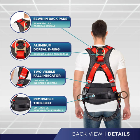 Fall Protection Full Body 5 Point Harness With Padded Back Support Quick Connect Buckle Grommet Leg Straps Back And Side D Rings OSHA ANSI Industrial Roofing PPE For Pros
