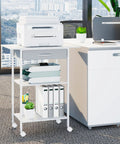 Built Tough 3 Tier Printer Stand With Fabric Drawer Rolling Storage Cart For Heat Press Scanner Fax Clean Mobile Desktop Organizer Office Setup White, featuring printer and storage drawer.