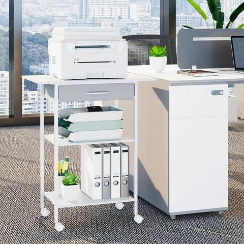 Built Tough 3 Tier Printer Stand With Fabric Drawer Rolling Storage Cart For Heat Press Scanner Fax Clean Mobile Desktop Organizer Office Setup White, featuring printer and storage drawer.