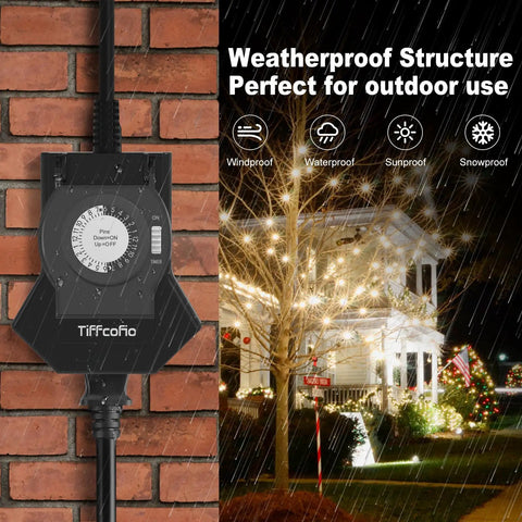 Super Reliable Plug In Outdoor Timer With 24 Hour Mechanical Control Heavy Duty Build Featuring Three Grounded Outlets Quick Setup Set It Forget It Ease Perfect For Patio Lights And Garden Gear near a home with holiday lights in rain.