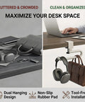 Heavy Duty Clamp On Desk Hook For Bags And Backpacks With Anti Slip Grip Extended Clearance Bag Holder in use, showing organized desk space