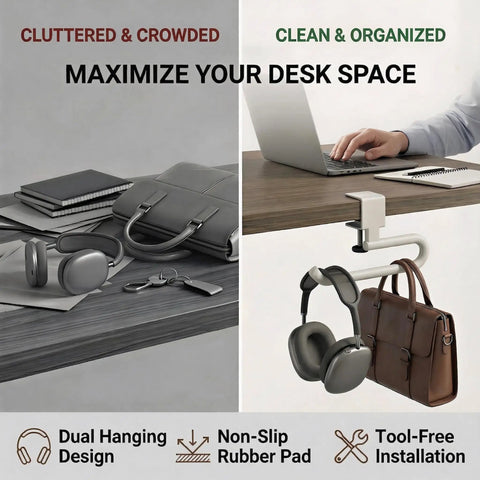 Heavy Duty Clamp On Desk Hook For Bags And Backpacks With Anti Slip Grip Extended Clearance Bag Holder in use, showing organized desk space