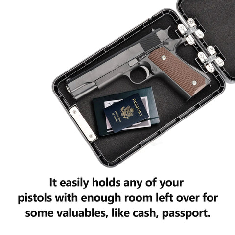 Open small pistol safe portable handgun case with 4 digit lock, displaying a pistol, passport, and documents inside.