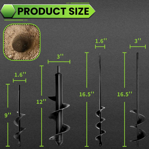 Four Piece Garden Auger Drill Bit Set With Sizes 1.6x9 Inch 1.6x16.5 Inch 2.7x16 Inch And 3x12 Inch Spiral Bits Display