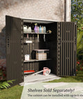 57 Cu Ft Outdoor Storage Shed With Floor, All Weather Resin, doors open showing interior shelves and tools, black color