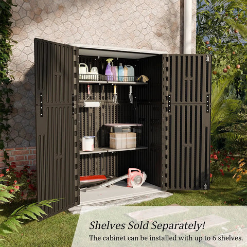 57 Cu Ft Outdoor Storage Shed With Floor, All Weather Resin, doors open showing interior shelves and tools, black color