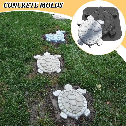 Turtle Shaped Concrete Stepping Stone Molds Reusable Cement Molds For DIY Patio Path Lawn Garden Landscaping Crafting Accessories For Pavement Walkway Outdoor Decor installed on a grass path.