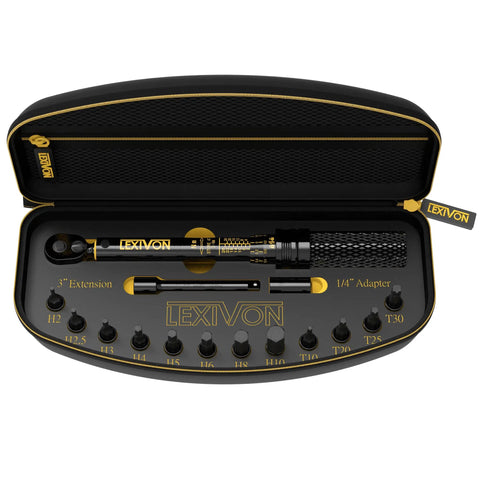 Bike Torque Wrench Set 1/4-Inch Drive, 15-Piece Kit With 72-Tooth Dual-Direction Click in black and yellow case