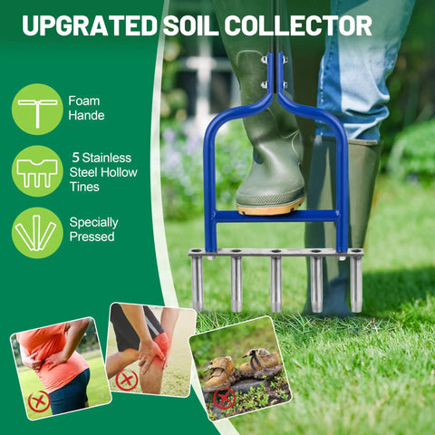 Person using 5 Stainless Steel Corer Lawn Aerator With Soft Rubber Grip, Manual Plug Aerator Tool for soil loosening