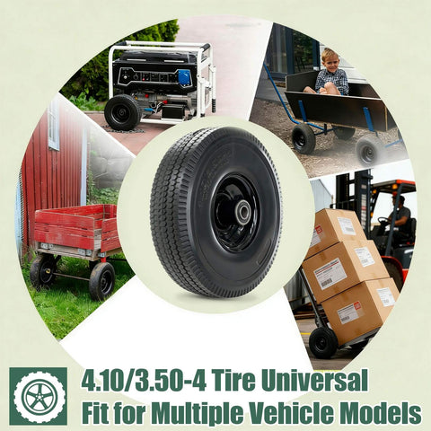 Flat Free 4.10/3.50-4 Tire And Wheel Set, Heavy Duty, 10 Inch Solid Wheel With 2.2 Inch Offset Hub in various uses