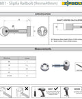 Technical diagram of the Slipfix Railbolt Handrail Post To Post Fastening System For Stairs, showing specifications and measurements.